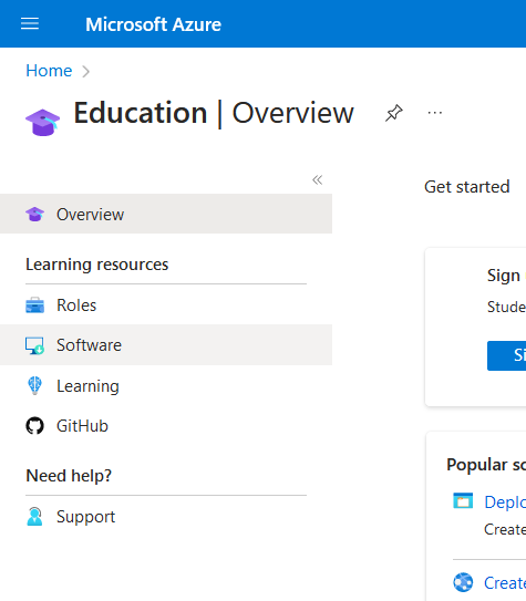 Azure education menu screenshot