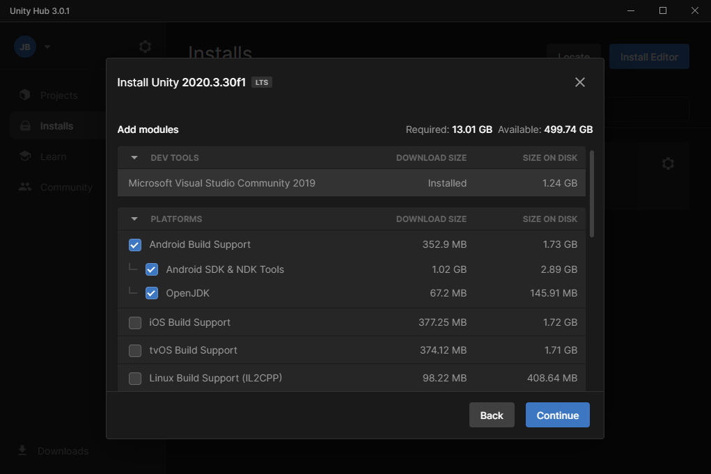 Unity Hub install editor window