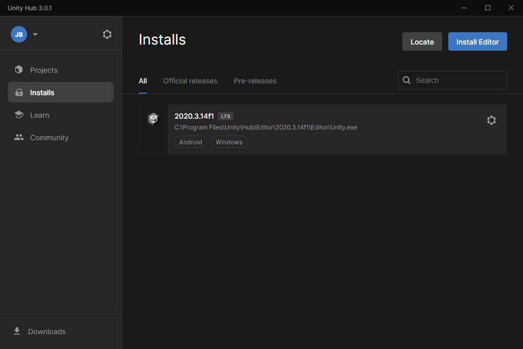 Unity Hub installs section