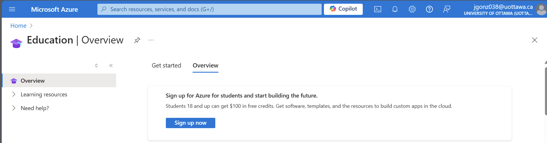 Azure for Students sign up screenshot
