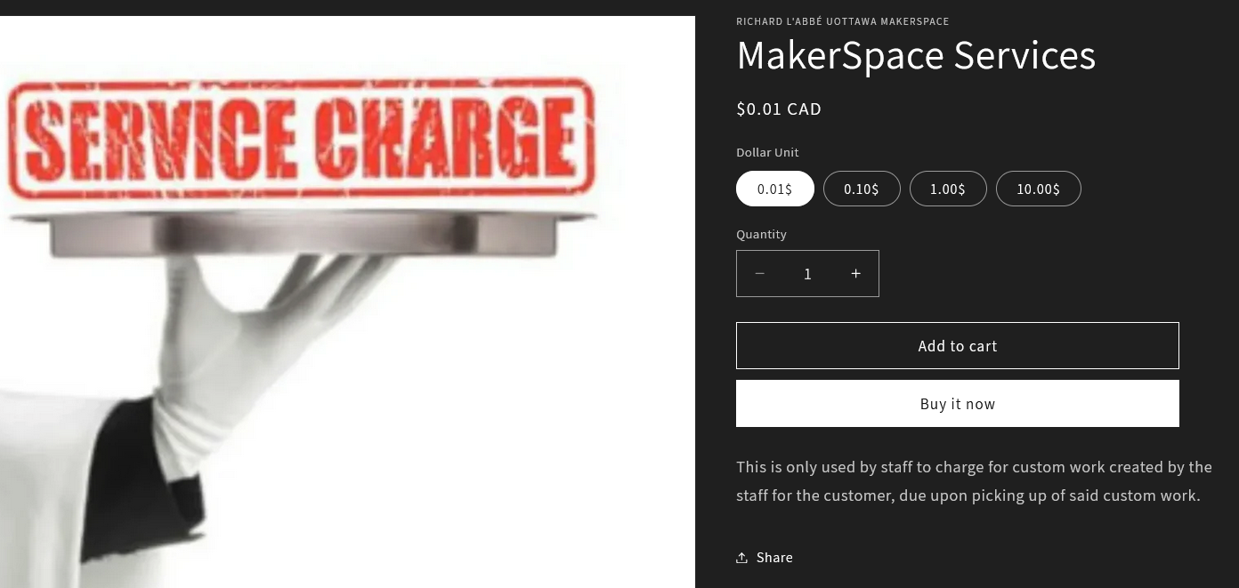 Makerspace services item in the makerstore