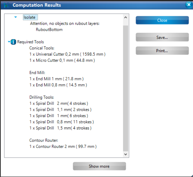 Computation results display for front PCB